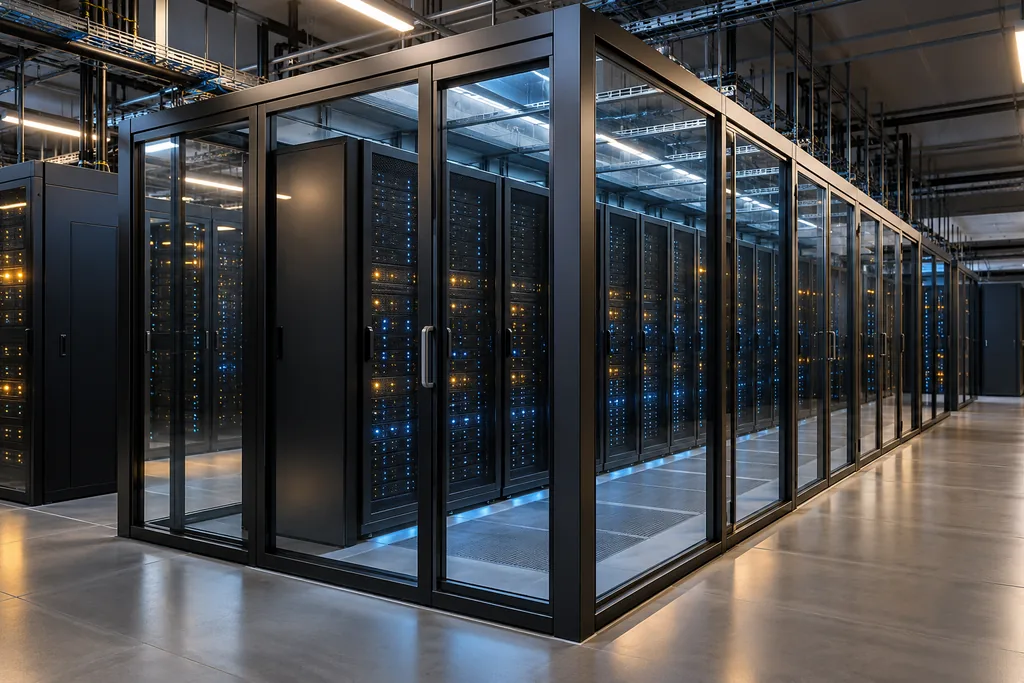 Illustration of glass containment around server cabinet rows.