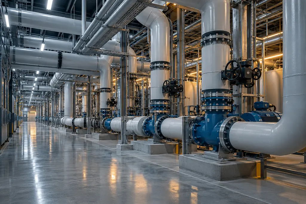 Illustration of mechanical piping in an equipment gallery.