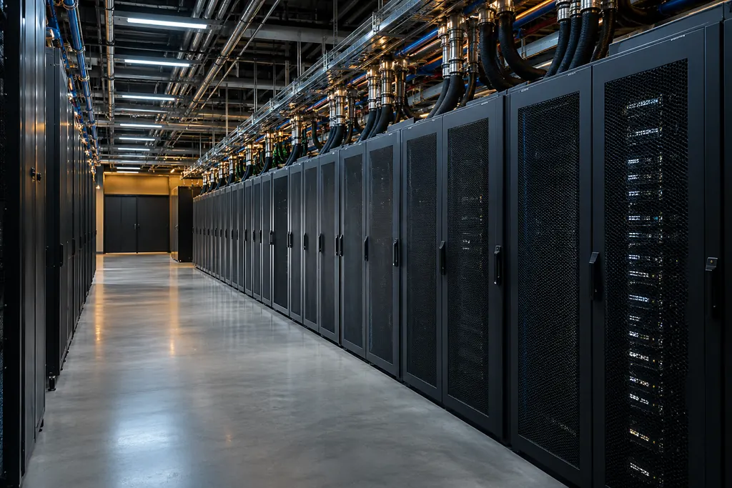 Illustration of server cabinets with cooling distribution equipment.