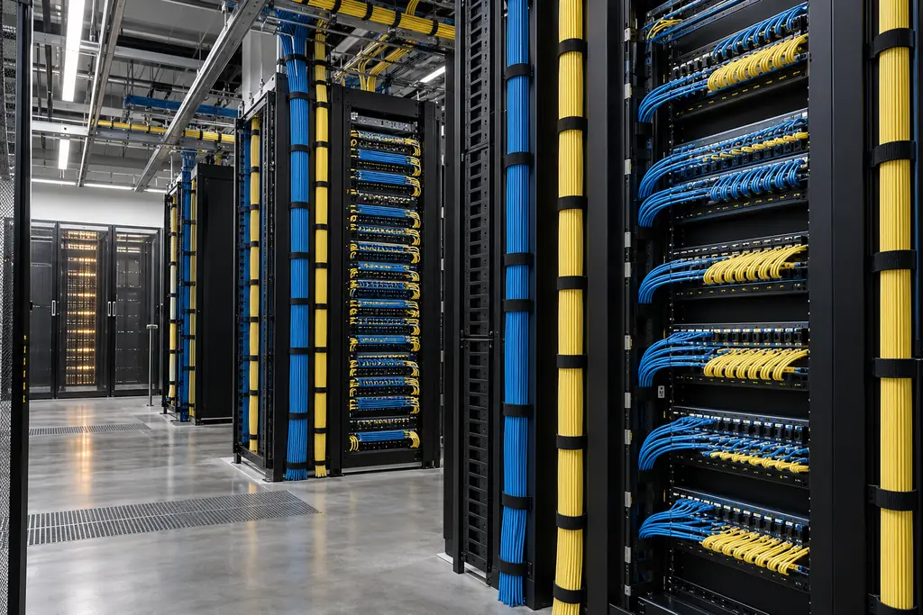 Illustration of organized networking racks and cables.