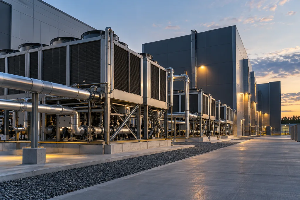 Illustration of an outdoor cooling equipment yard.