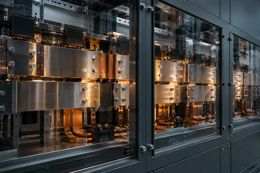 Illustration of electrical distribution equipment behind a protective panel.