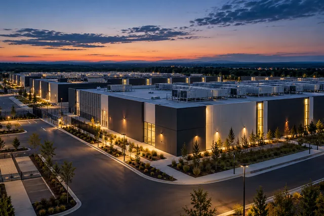 Illustration of a data center campus at blue hour