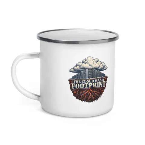 The cloud has a footprint, enamel camp mug
