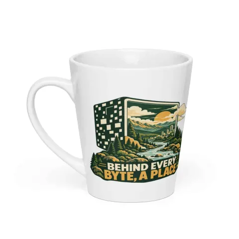 Behind every byte, a place, latte mug