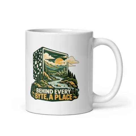Behind every byte, a place, white mug