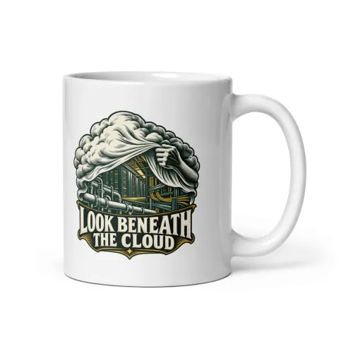 Look beneath the cloud, white mug