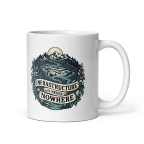 Infrastructure is never nowhere, white mug