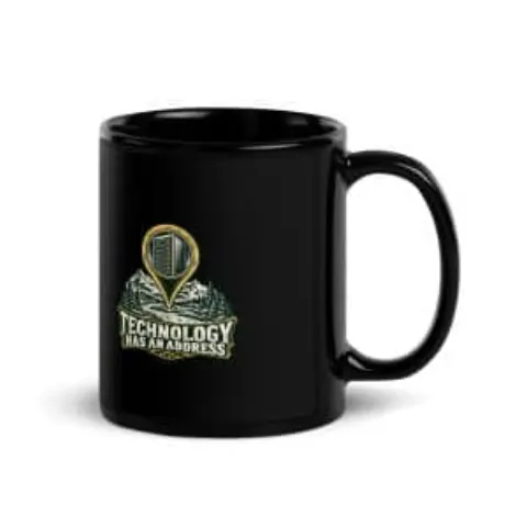Technology has an address, black mug