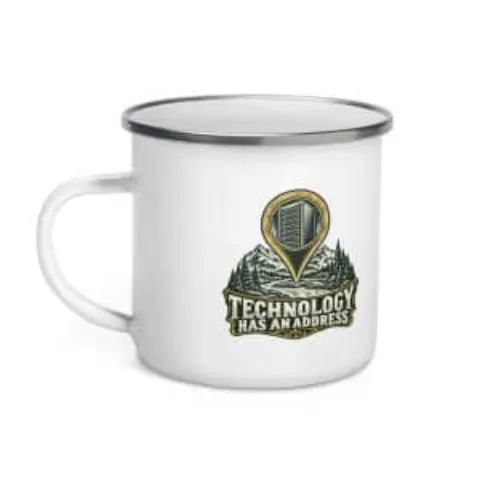 Technology has an address, enamel camp mug