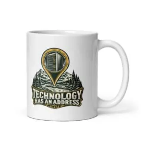 Technology has an address, white mug