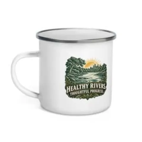 Healthy rivers. Thoughtful progress., enamel camp mug