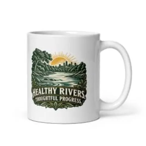 Healthy rivers. Thoughtful progress., white mug