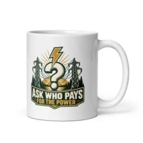 Ask who pays for the power, white mug
