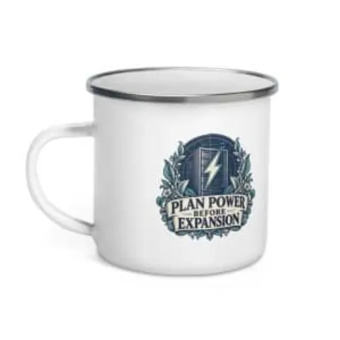 Plan power before expansion, enamel camp mug