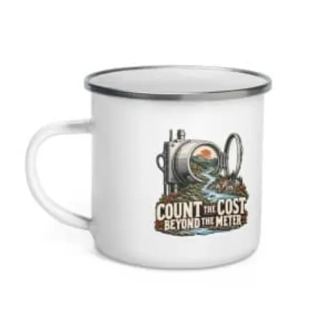 Count the cost beyond the meter, enamel camp mug